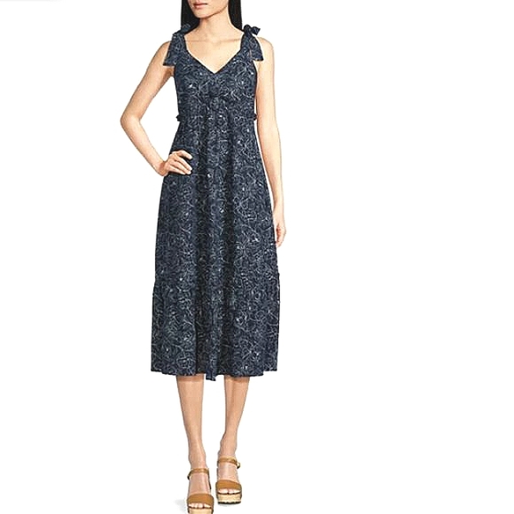 Time and Tru Dresses & Skirts - Tie Strap Midi Swing Dress V-Neck Relaxed A-Line Ruffle Tiered Floral Pool Beach